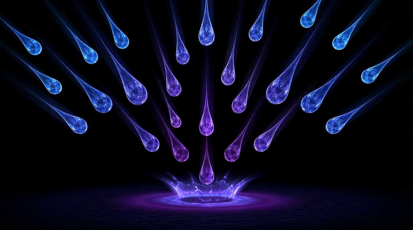 Three luminous teardrops falling in sequence - technology, biology, and grit fused into form